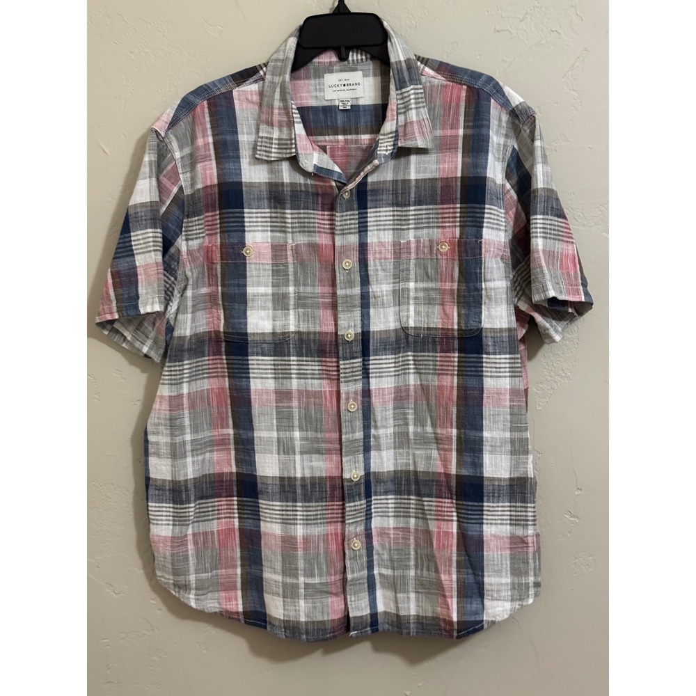 Lucky Brand shirt XXL plaid pink blue white linen blend 2 pocket short sleeve